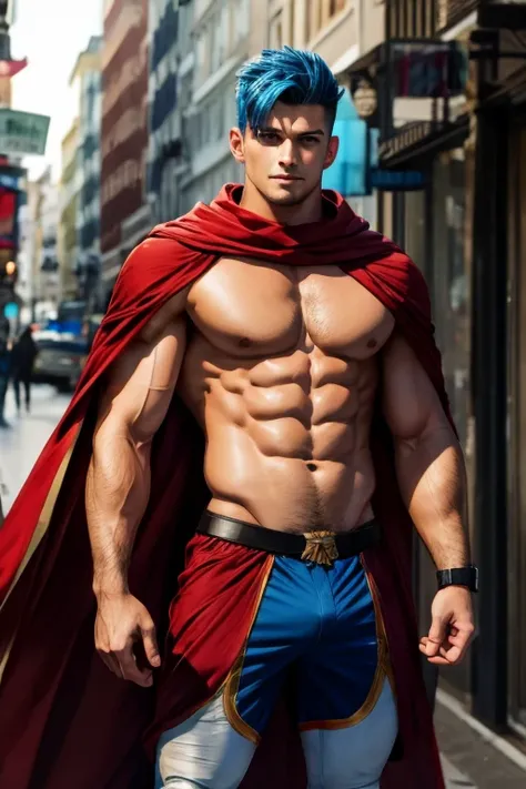 Draw a muscular man with blue hair！ He is topless, wearing white armor and has a red cape on his back.！