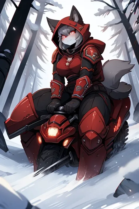 furry female cat with in black and scarlet armor,a half dressed space marine in a hood and a closed helmet, + scarlet eyes with gray hair, plump +  rides a tank in a snowy forest, + fog + anime