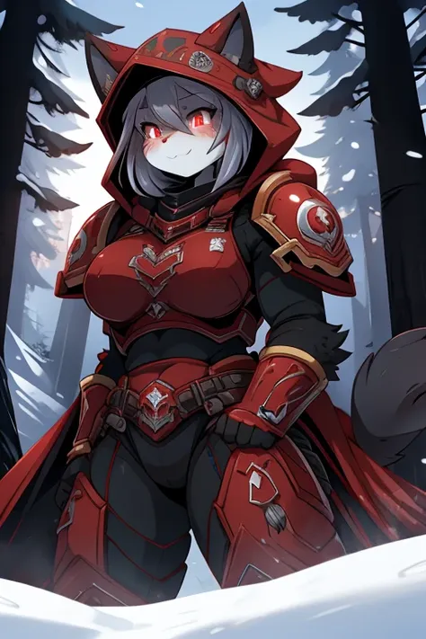 furry female cat with in black and scarlet armor,a half dressed space marine in a hood and a closed helmet, + scarlet eyes with gray hair, plump +  rides a tank in a snowy forest, + fog + anime