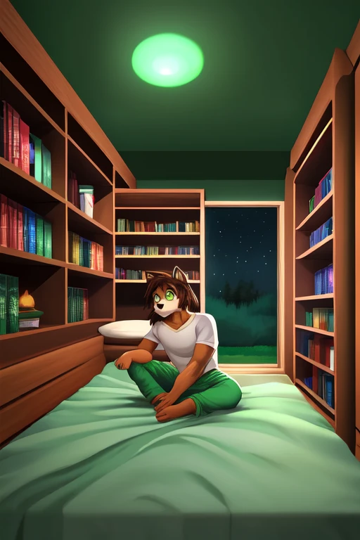 Furry anthropomorphic wolf, Russet brown fur, dark brown hair, dark green eyes, 61 and 173 lbs, 41" Chest, 19" Shoulders, 13" Biceps, 32" waist, 23" Thighs, 15" Calves, 19" Back, wearing white T-shirt, wearing mint green pajama pants, sitting on edge of be...