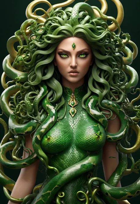 ((best quality)), ((masterpiece)), ((realistic)), Medusa, full body, the hair is composed of countless small snakes, green eyes, female face, metal carved top, royal aura, trend on artstation , sharp focus, studio photo, intricate detail, very detailed, de...