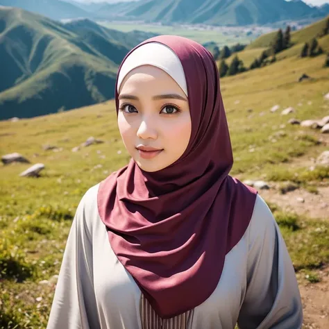 25 years old, Hijab Indonesian adult woman, long Muslim clothes, on the mountain, beautiful scenery around, Bright light, during the day, close up