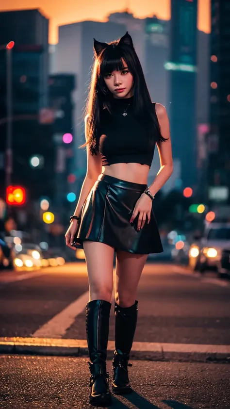 Portrait photo of an anthropomorphic black cat at sunset in a cyberpunk style city , Tight Skirt , long hair , black hair , mini skirt , thin legs , 