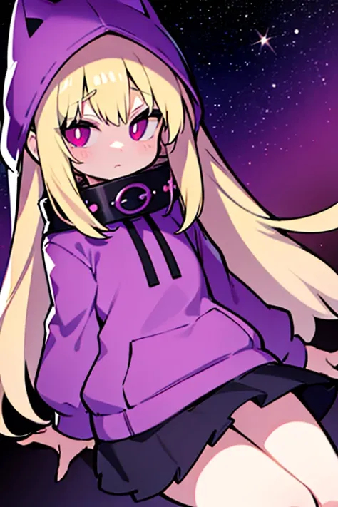 Little girl wearing purple loose hood，nihilism，poker face，Knowledgeable，blond，red pupils，Lovely，World-weary，There is a story，The ability to manipulate space