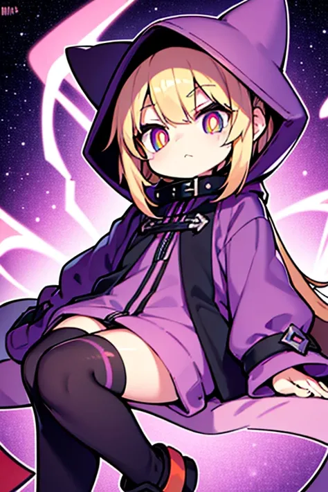 Wearing a purple loose coat，Little girl wearing a hood，nihilism，poker face，Knowledgeable，blond，Orange pupils，Lovely，World-weary，There is a story，The ability to manipulate space