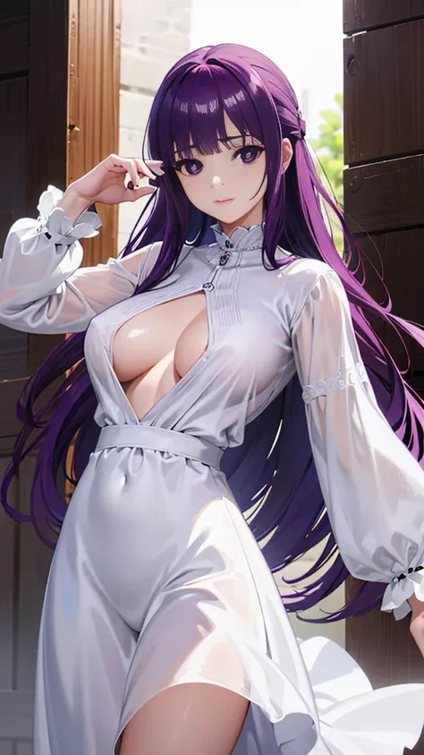 Super detailed, NSFW, masterpiece, High resolution, Photorealistic digital art, perfect lighting, (((1 girl, perfect anatomy))), accurate right hand, accurate left hand, five fingers, perfect style, Detailed face, Fern, purple eyes, glossy lips, purple hai...