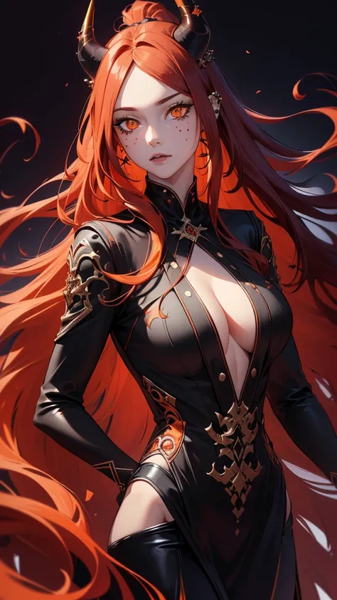 (best quality,4k,highres,masterpiece:1.2),ultra-detailed,realistic:1.37, portraits, (((long flowing red hair))), beautifully fair skin, black outfit, (((piercing orange eyes))), sensual pose, ((subtle black spots, mysterious aura, monochromatic colors)), m...