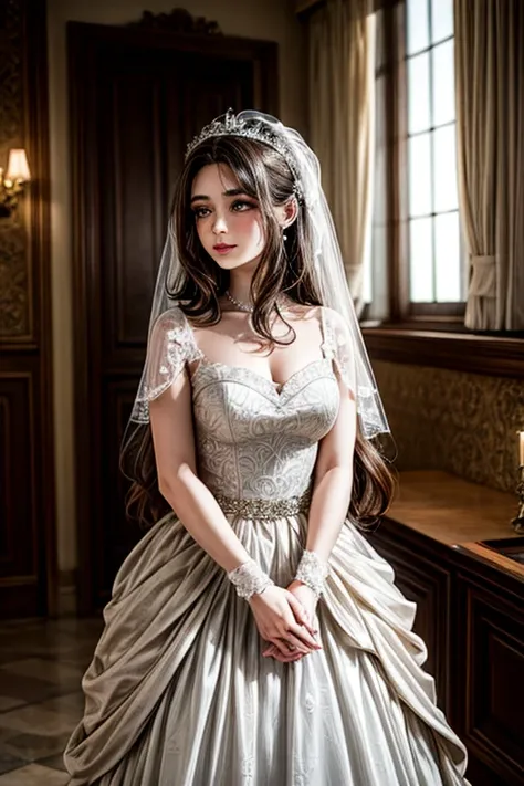 Italian girl, 25 years old, long brown hair, dressed as a wedding