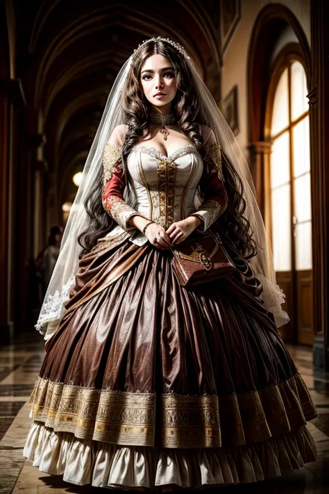 Italian girl, 25 years old, long brown hair, dressed as a wedding