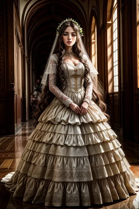 Italian girl, 25 years old, long brown hair, dressed as a wedding