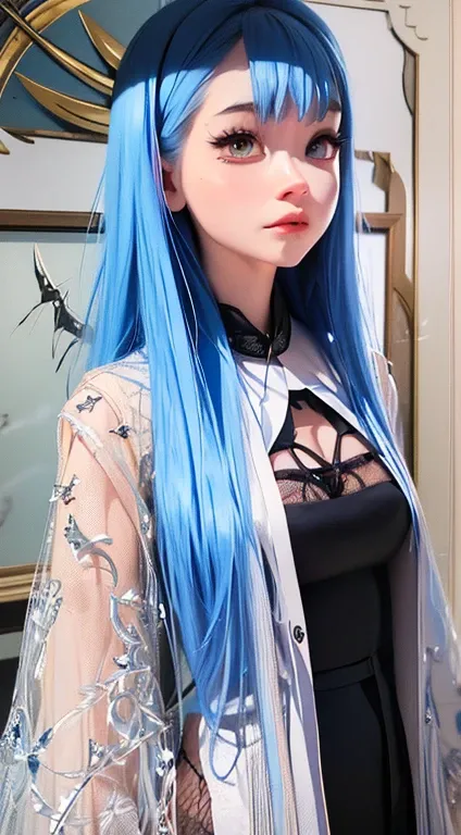 a close up of a person with blue hair, wing bat, an anime drawing, inspired by rossdraws, digital art, render of a cute 3d anime girl, yandere, blue face unreal engine, red and cyan, rem rezero, detailed realistic expressions, slide show, blue scales cover...