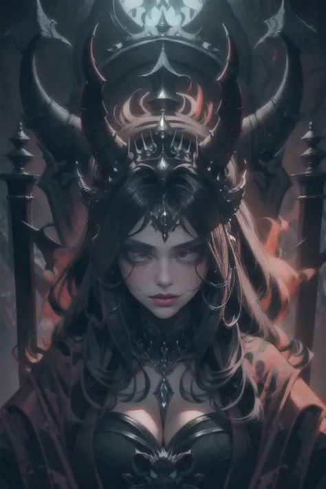 extremely realistic shading, extremely detailed, photorealistic, lore accurate, demon queen, in the throne,