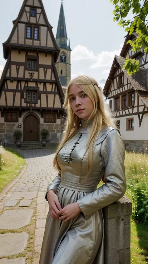 Beautiful Medieval blonde girl in small German medieval village, historic, shy, sexy but modest, church in background, beautiful European Nature, Medieval