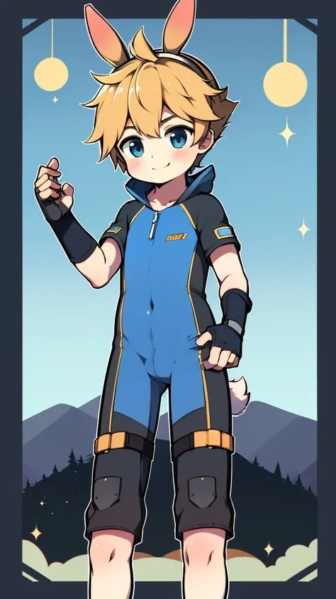 ((A young boy))，(Youthful feeling)，One-piece mountaineering suit，slender figure,Healthy limbs，goggles，fingerless gloves，cotton socks，short sleeves，Smile，Rabbit ears，Rabbit Tail，standing，Top of crotch