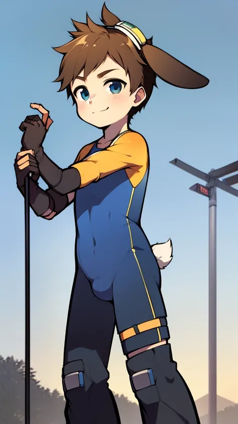 ((A young boy))，(Youthful feeling)，One-piece mountaineering suit，slender figure,Healthy limbs，goggles，fingerless gloves，cotton socks，short sleeves，Smile，Rabbit ears，Rabbit Tail，standing，Top of crotch