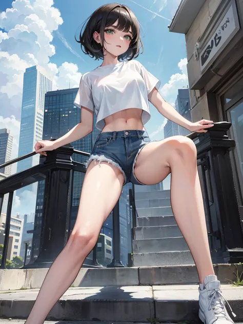 1girl, short black hair, green eyes, wearing plain white shirt, denim shorts, city, absurdres, high res, ultrasharp, 8k, masterp...