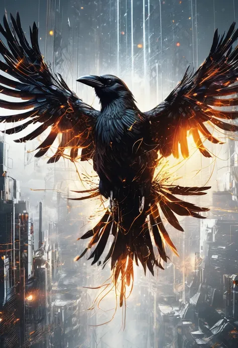 A masterful artistic digital rendering of a sinister cybernetic crow made from sparks and fire by Simon Prades, h.r giger, russ mills, Shaun Ryken, celestial, UHD, 8k resolution, fantasy editorial art, complex and hyperdetailed, beautiful composition, a mo...