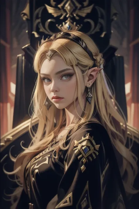 extremely realistic shading, extremely detailed, photorealistic, lore accurate, princess zelda, in the throne,