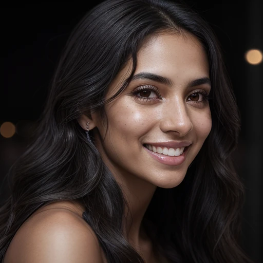 Close-up portrait of a Latin American woman named Bonita, radiantly beautiful with a captivating smile, long, wavy dark hair cascading down her shoulders, intimatelylit by cinematic side lighting, luminous and vibrant skin, ultra-detailed and hyperrealisti...