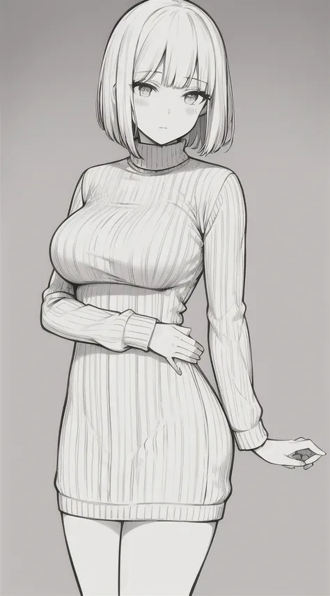 1girl,messy white bob haircut,knit sweater, long sleeves,deep cleavage,big breasts,Anime style,lineart,monochrome,delicate lineart,coloring page, simple white background