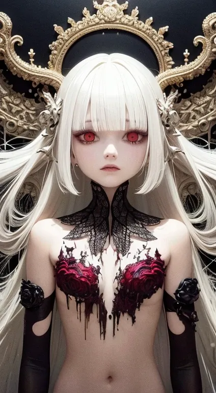 best quality, masterpiece,white hair, red eyes,white clothes, looking up, crawling,hair strand,Fair skin,side braids, DosMix, scream fang, in the lake of a forest, gothic art, psychedelic art, corrupted data, 3 d reflections, pixeled stretching, demon huma...