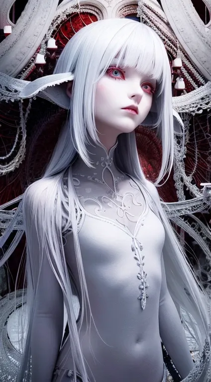 best quality, masterpiece,white hair, red eyes,white clothes, looking up, crawling,hair strand,Fair skin,side braids, DosMix, scream fang, in the lake of a forest, gothic art, psychedelic art, corrupted data, 3 d reflections, pixeled stretching, demon huma...