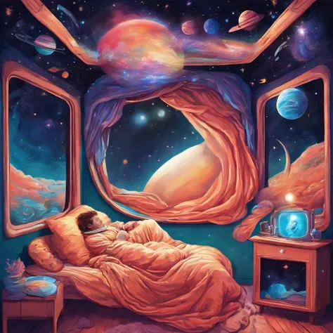 An astronaut in a spacesuit sleeps under a blanket in a cozy bed, in a cosy room, planets and space outside the window