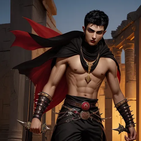 20-year-old boy with black Arab assassin costume with red decorations, light brown eyes, Olivio skin, short spiked black hair, Arab skin, muscular build, slim belt with daggers with golden daggers, black handle with ruby, necklace with vampire emblem, look...