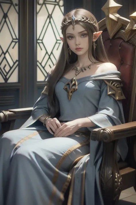 extremely realistic shading, extremely detailed, photorealistic, lore accurate, princess zelda, in the throne,