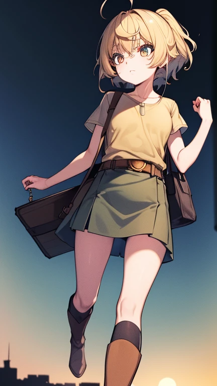 Light orange eyes,Faded, light orange hair, anime 1 girl, Al Khaki t-shirt, Khaki skirt, Brown military boots, The bag is on the waist belt, khaki bikini, "Black socks", "dark_Orange knee pad on right leg", Night city