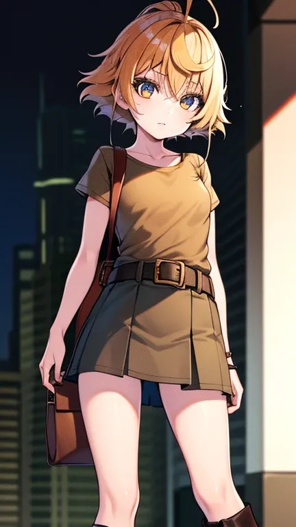 Light orange eyes,Faded, light orange hair, anime 1 girl, Al Khaki t-shirt, Khaki skirt, Brown military boots, The bag is on the waist belt, khaki bikini, "Black socks", "dark_Orange knee pad on right leg", Night city