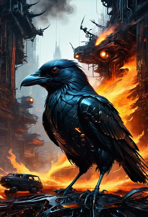 A masterful artistic digital rendering of a sinister cybernetic crow made from sparks and fire by Simon Prades, h.r giger, russ mills, Shaun Ryken, celestial, UHD, 8k resolution, fantasy editorial art, complex and hyperdetailed, beautiful composition, a mo...