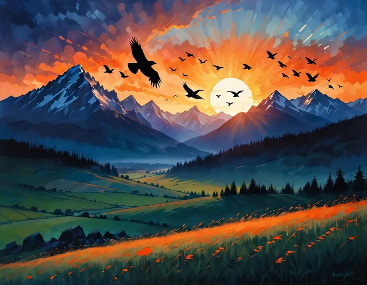 A captivating scene of a large flock of crows, silhouetted against the warm, orange hues of the setting sun. They are flying in unison towards a towering, rocky mountain in the distance. As the sun dips lower, the sky transitions to a deep shade of blue, s...