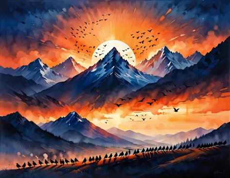 A captivating scene of a large flock of crows, silhouetted against the warm, orange hues of the setting sun. They are flying in unison towards a towering, rocky mountain in the distance. As the sun dips lower, the sky transitions to a deep shade of blue, s...