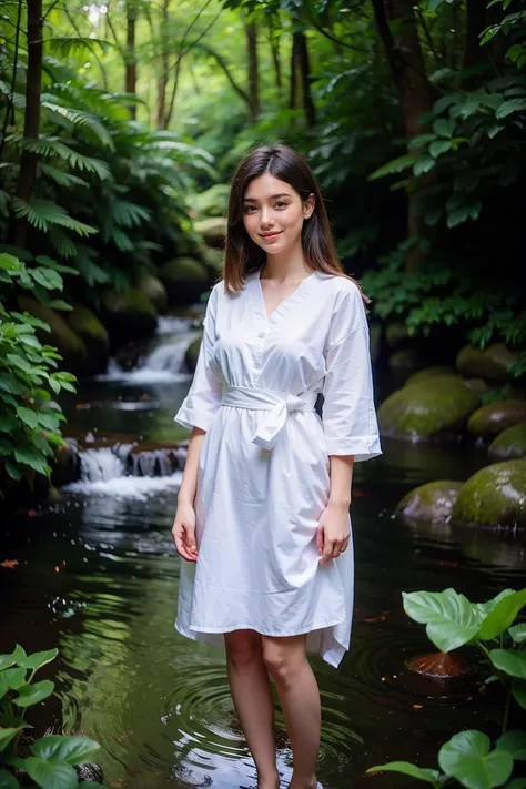 fantasy atmosphere photos、Japanese woman wearing a cute dress、In the forest where a stream flows、looking at the sky and smiling、Detailed photo quality