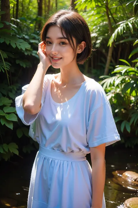 fantasy atmosphere photos、Japanese woman wearing a cute dress、In the forest where a stream flows、looking at the sky and smiling、Detailed photo quality, short hair 