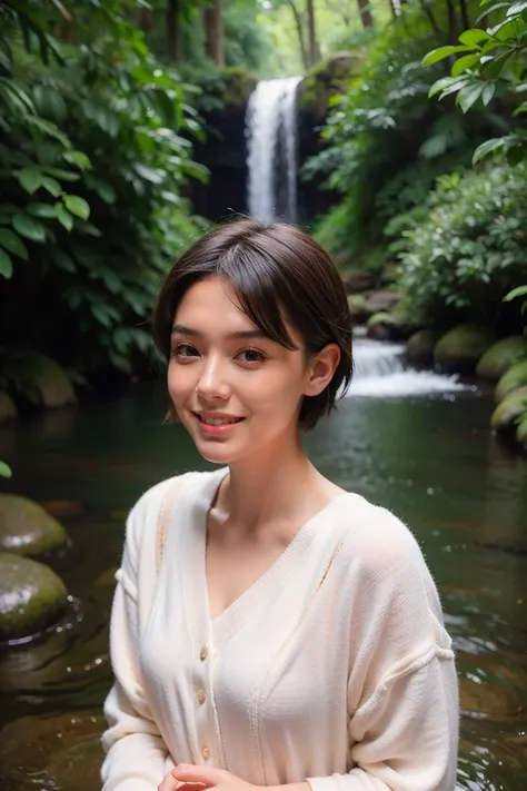 fantasy atmosphere photos、Japanese woman wearing a cute dress、In the forest where a stream flows、looking at the sky and smiling、Detailed photo quality, short hair 