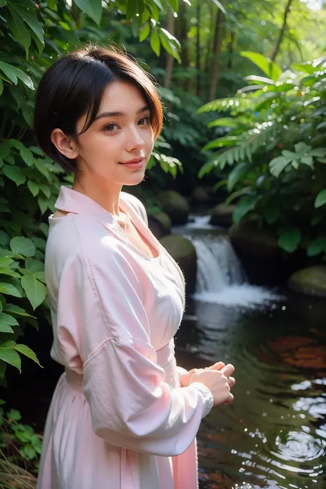 fantasy atmosphere photos、Japanese woman wearing a cute dress、In the forest where a stream flows、looking at the sky and smiling、Detailed photo quality, short hair 