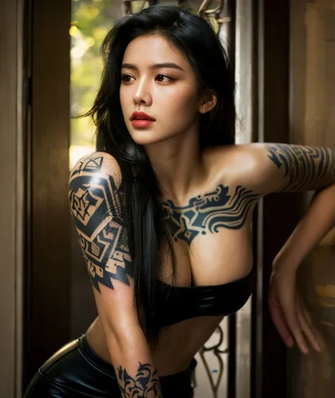 (best quality,height:1.2),very detailed,(realistic:1.37),(soft light),(1 girl),abandoned,from the front,raise hips,(detailed face),(tattoo),Lock the heart of a thief,golden eyes,black hair,long hair.
