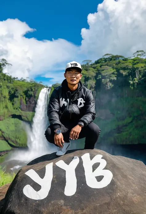 A 35-year-old Indonesian man wearing a black jacket and a white baseball cap with the text "yib" written on it sits on a large rock, against the backdrop of a waterfall rock cliff blue sky white clouds