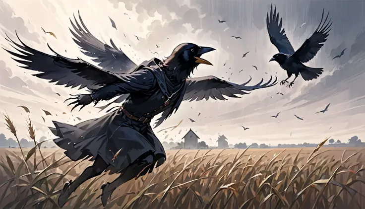 generate a dynamic pencil drawing depicting the intense battle between a scarecrow and a crow. capture the tension and energy of...