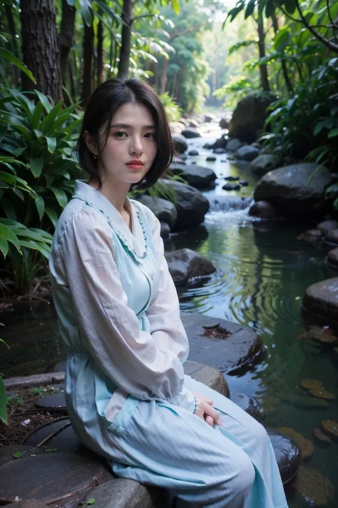 fantasy atmosphere photos、Japanese woman wearing a cute dress、In the forest where a stream flows、looking at the sky and smiling、Detailed photo quality, short hair 