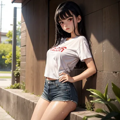 Cute girl 14 years old,  small white t-shirt, Small shorts, black hair red eyes, big breasts, Beautiful butt, wet,