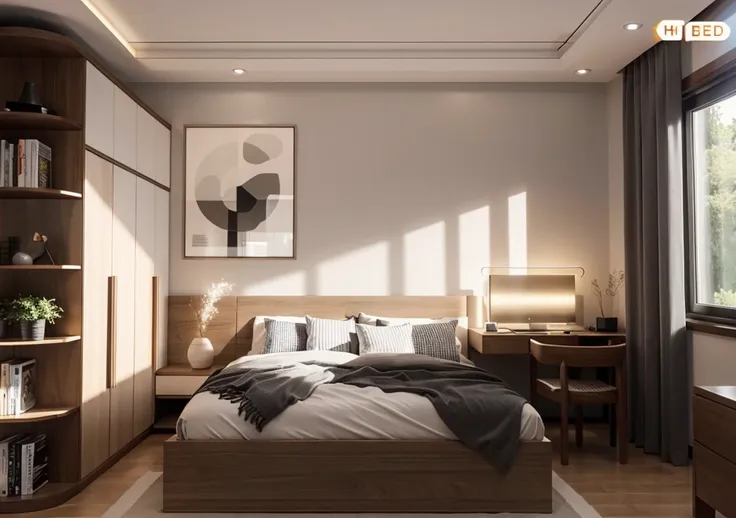 Bed room, interior design, (tones gray with white),  (modern style), (wooden floor cladding grossy MDF melamine), (laptop on table), (white curtain light),(scattered light rays penetrate through translucent curtains), (architectural visualization style:1.2...