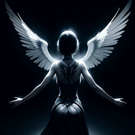 A girl facing us with arms outstretched and bony protrusions emerging like wings from her back, limbs poised dynamically, evoking a sense of supernatural ability, ambient backlighting creating a halo effect around her silhouette, eerie yet unearthly elegan...