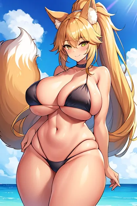 amy, ponytail, bangs, long hair, fox ears, fox tail, thick thighs, large breasts, 1girl, wide hips, smile, ponytail, bikini, black bikini, tan, highleg bikini, toned, toned female, tall female, tall