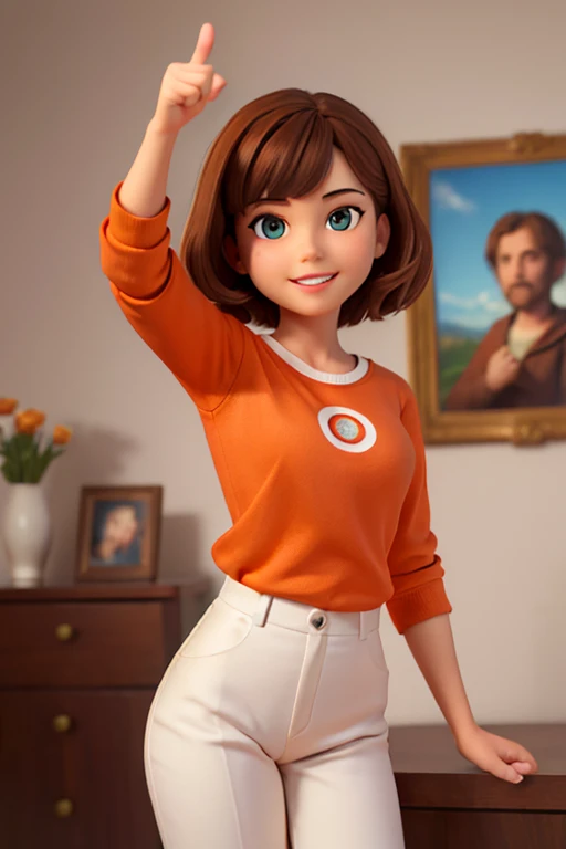 (highres, masterpiece: 1.2), realistic, portrait, man, detailed eyes, detailed lips, detailed human face, orange shirt color with a target, short brown hair, friendly expression smiling, standing, and pointing at something , confidently, white background, ...