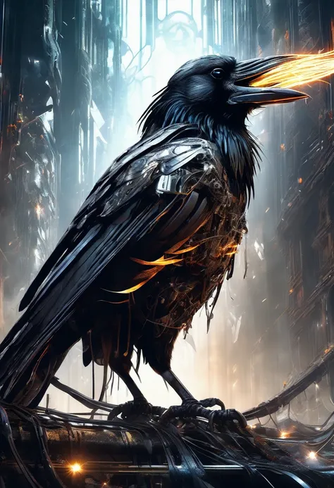 A masterful artistic digital rendering of a sinister cybernetic crow made from sparks and fire by Simon Prades, h.r giger, russ mills, Shaun Ryken, celestial, UHD, 8k resolution, fantasy editorial art, complex and hyperdetailed, beautiful composition, a mo...