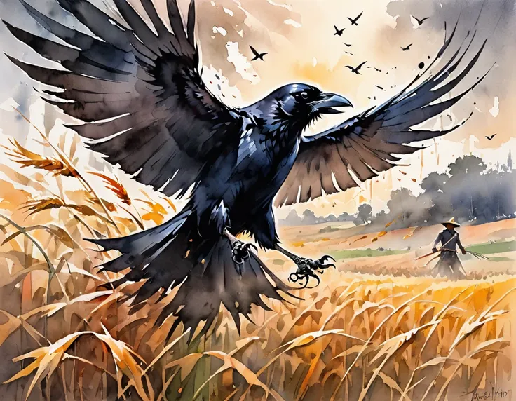 generate a dynamic pencil drawing depicting the intense battle between a scarecrow and a crow. capture the tension and energy of...