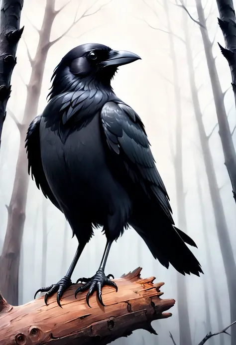 a crow on a bare tree in the misty forest,black feathers,glossy texture,sharp and piercing eyes,feathers ruffling in the wind,om...